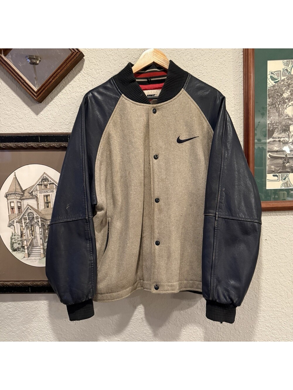 Vintage 90s RARE Nike Leather/Wool Mens Sports Bomber Jacket Mens Medium USA